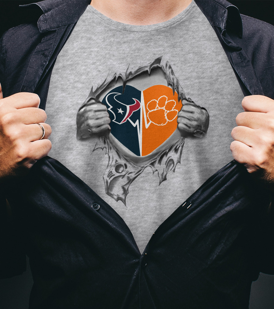 Texans Clemson Heart With Logo And Paw Inside Torn Fabric T-Shirt