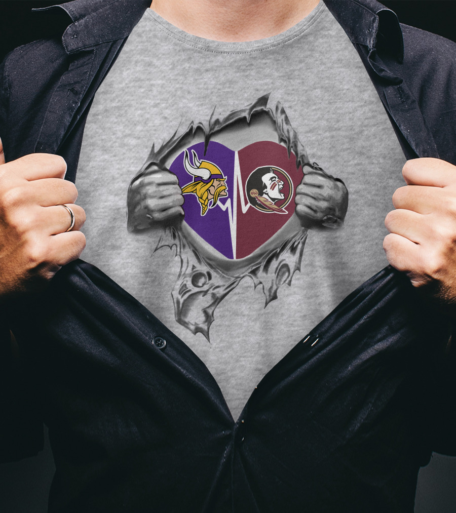 Vikings Fsu Heart Symbol With Logos And Torn Hands T-Shirt