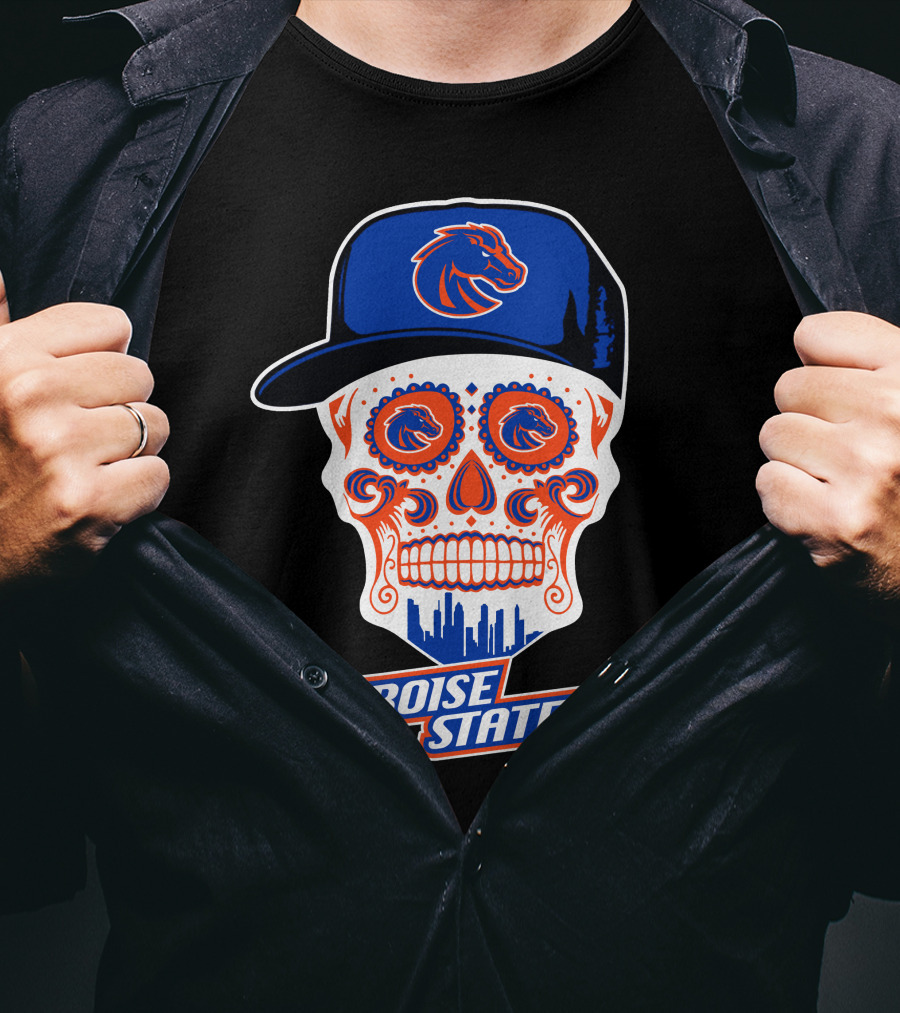 Boise State Broncos Skull With Hat And City Skyline T-Shirt