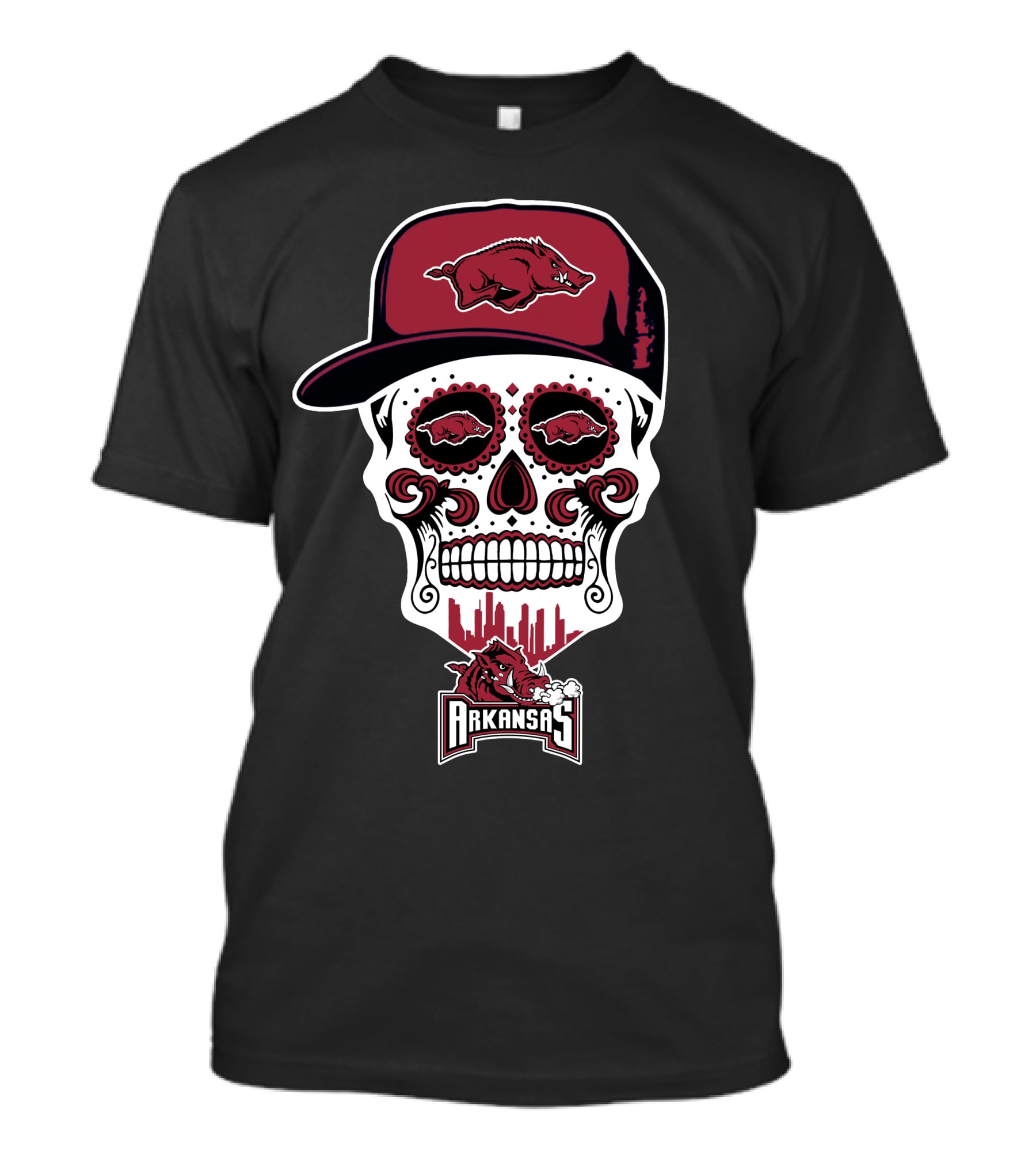 Arkansas Razorbacks Skull With Hat And City Skyline T-Shirt