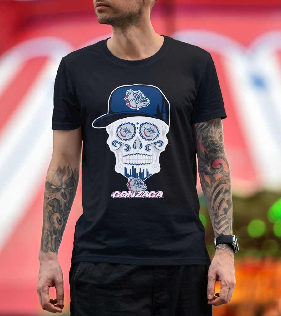 Gonzaga Bulldogs Skull With Hat And City Skyline T-Shirt