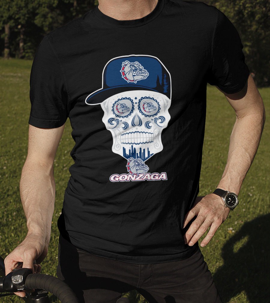 Gonzaga Bulldogs Skull With Hat And City Skyline T-Shirt