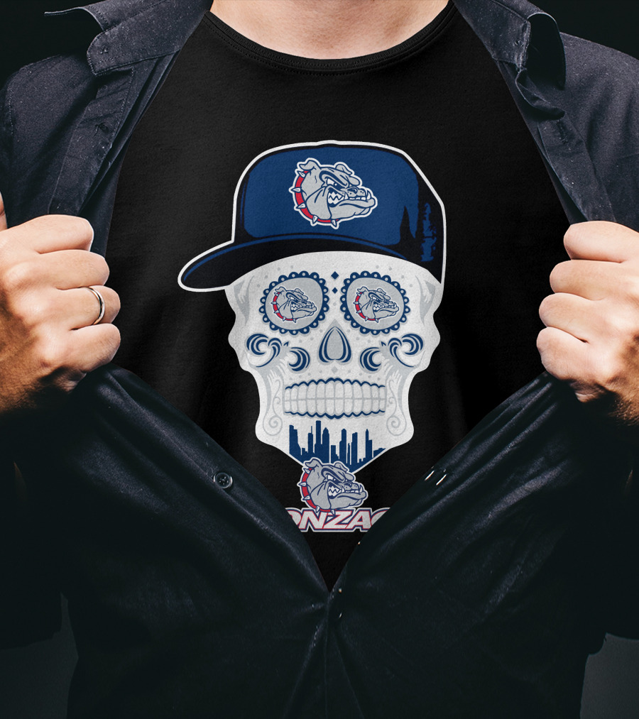 Gonzaga Bulldogs Skull With Hat And City Skyline T-Shirt
