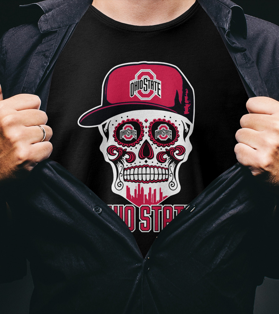 Ohio State Buckeyes Skull With Baseball Cap And Cityscape Elements T-Shirt