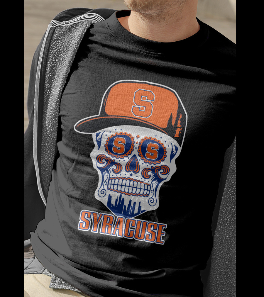 Syracuse Orange Skull With Baseball Cap And Cityscape Elements T-Shirt