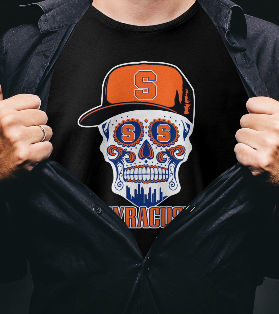 Syracuse Orange Skull With Baseball Cap And Cityscape Elements T-Shirt