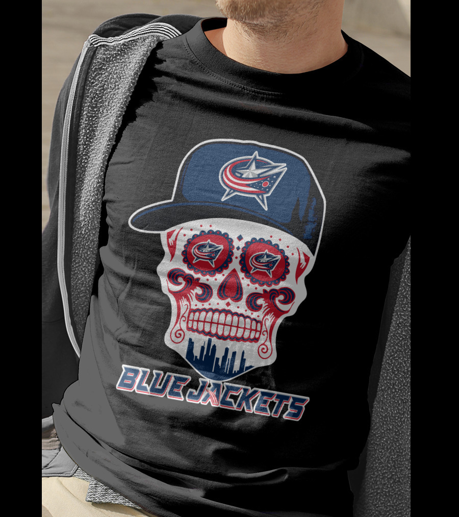 Columbus Blue Jackets Skull With Cap And Cityscape T-Shirt