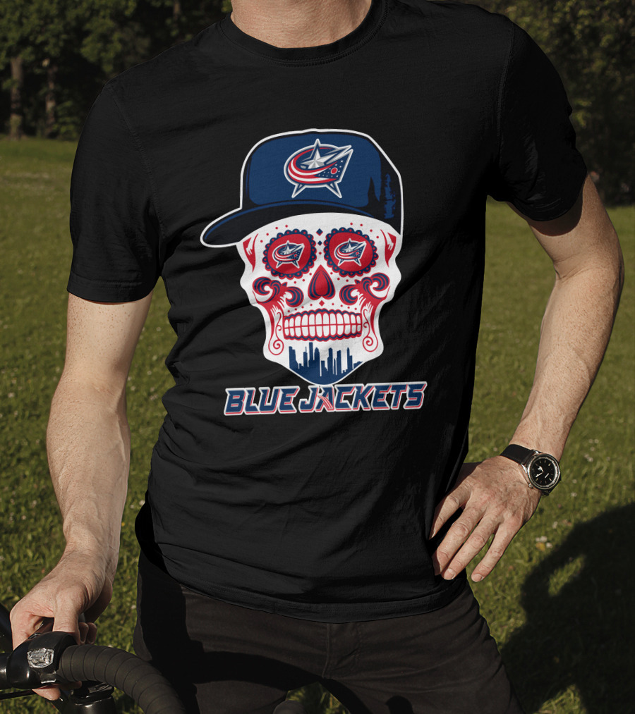 Columbus Blue Jackets Skull With Cap And Cityscape T-Shirt