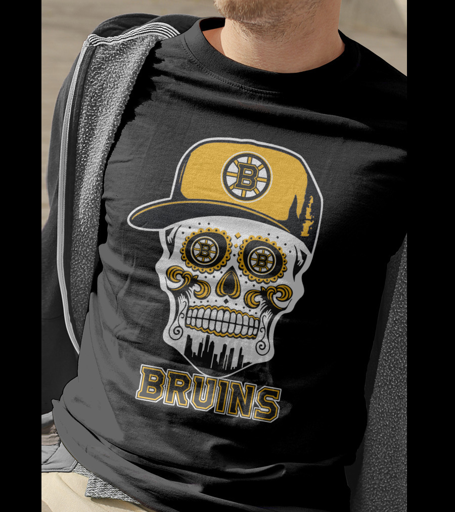 Boston Bruins Skull With Cap And City Silhouette T-Shirt
