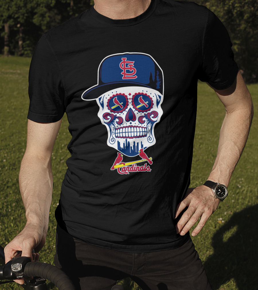 St Louis Cardinals Skull With Baseball Cap And City Skyline T-Shirt
