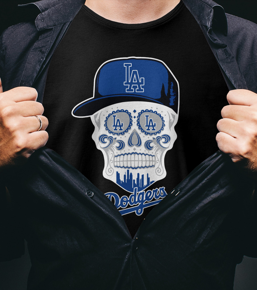 La Dodgers Skull With Cap And Cityscape T-Shirt