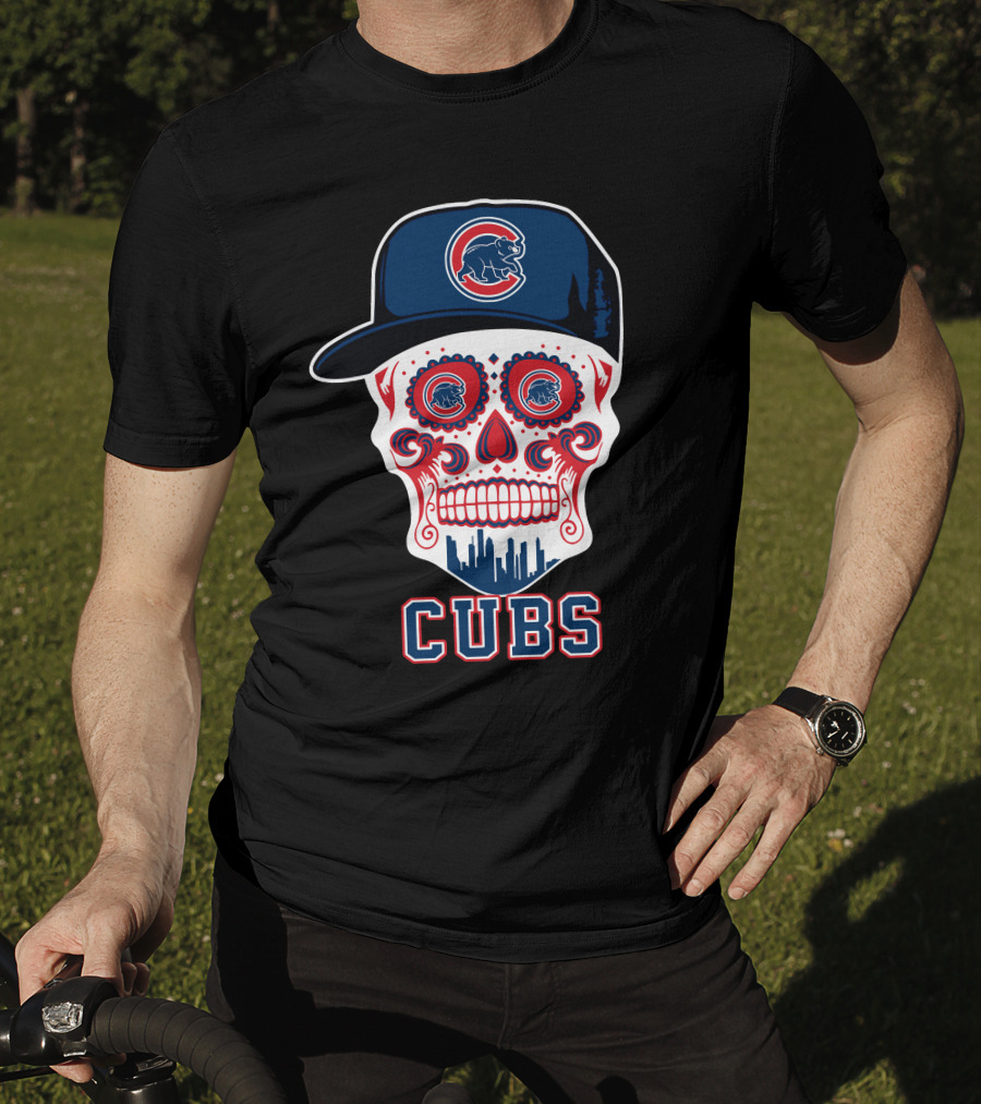 Chicago Cubs Skull Hat Red Blue Skyline T-Shirt