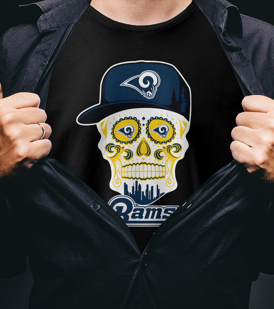 Los Angeles Rams Skull Rams Cap City Skyline T-Shirt