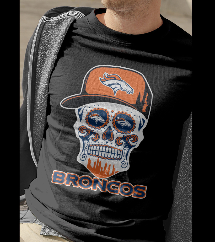 Denver Broncos Skull With Cap And Logos T-Shirt