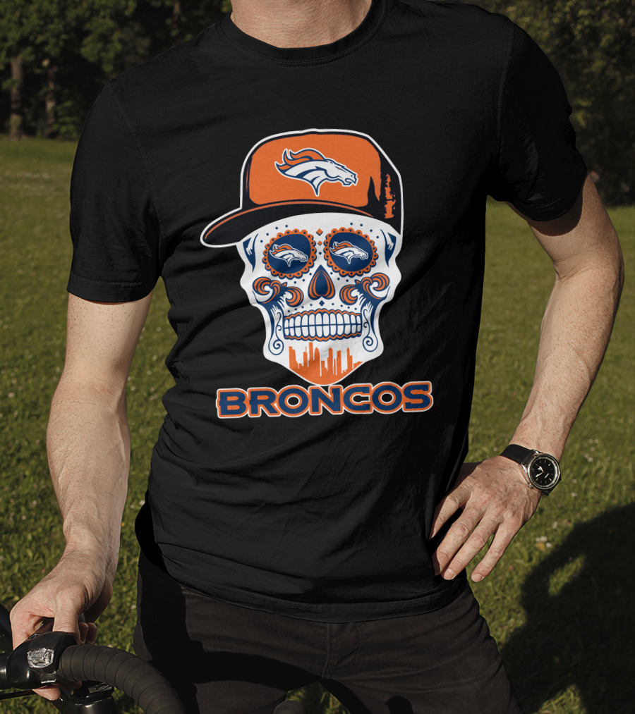 Denver Broncos Skull With Cap And Logos T-Shirt