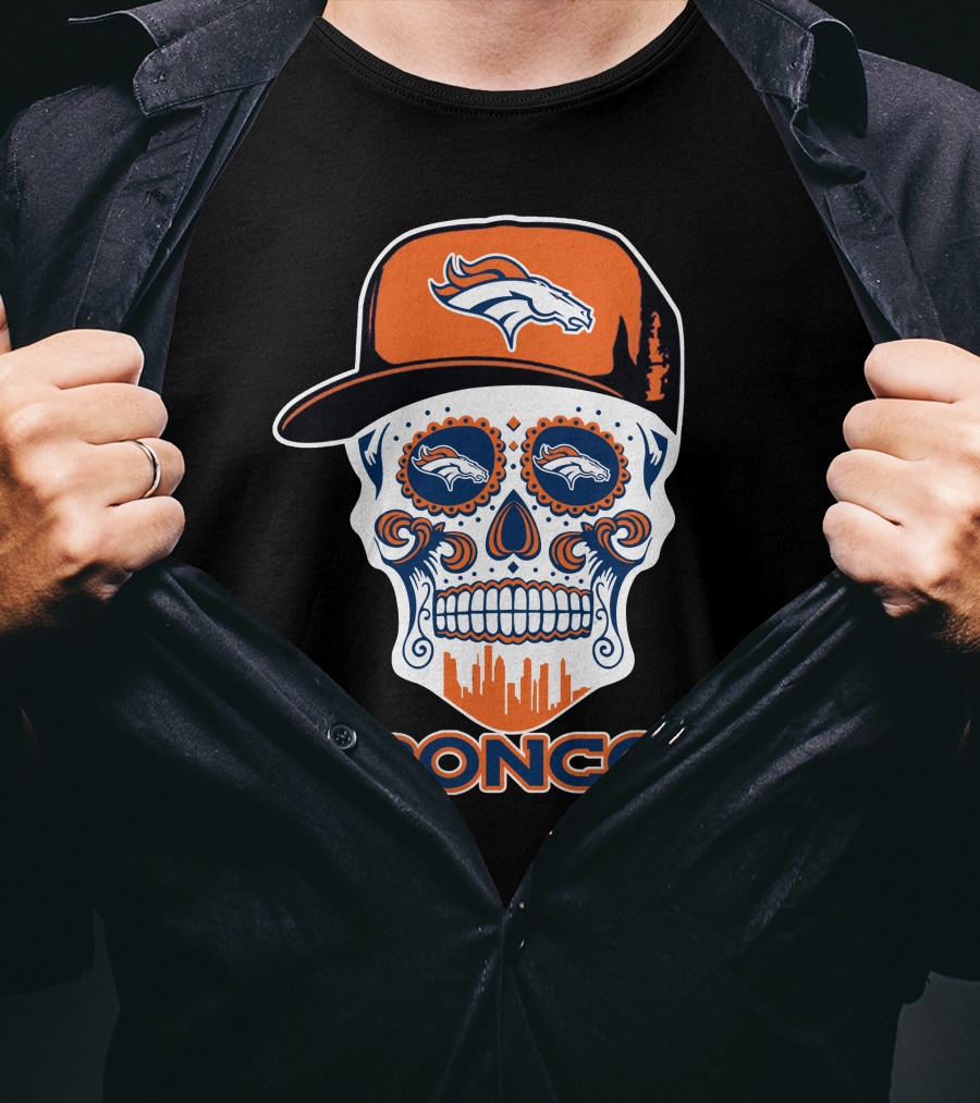 Denver Broncos Skull With Cap And Logos T-Shirt