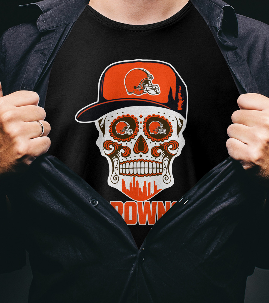 Browns Skull With Helmet And City Skyline T-Shirt