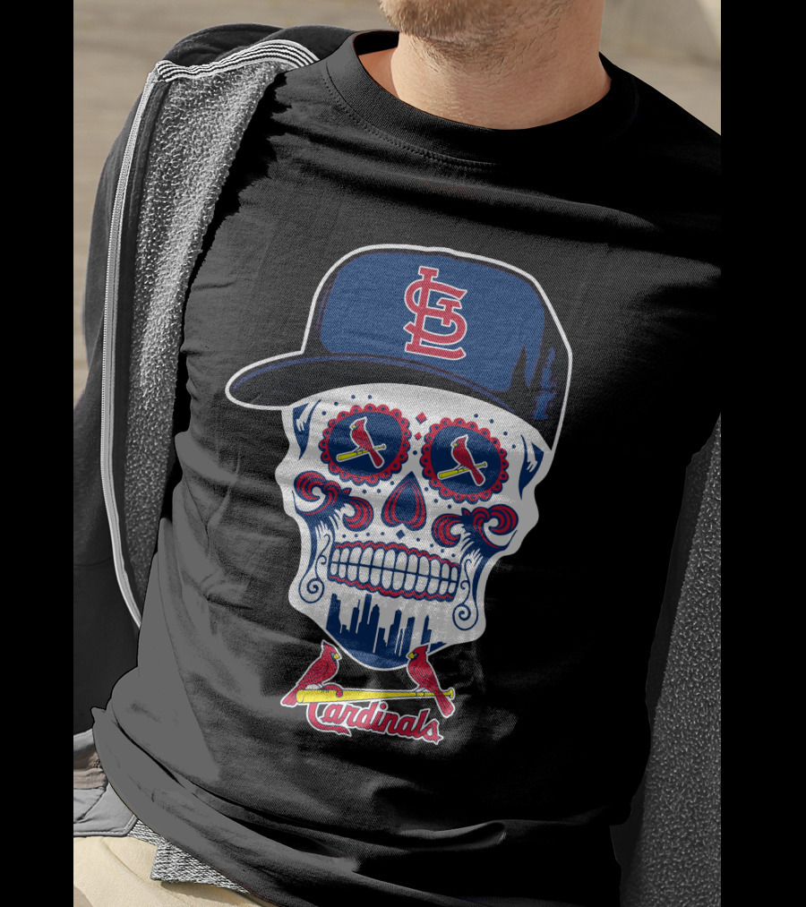 St Louis Cardinals Sugar Skull With Cap And Logos T-Shirt