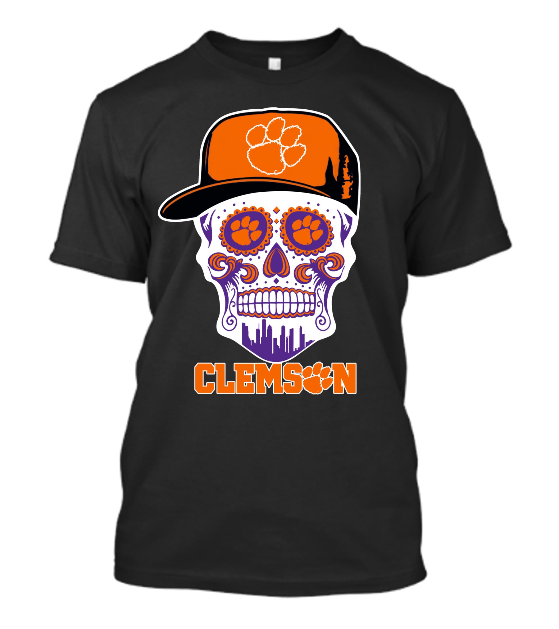 Clemson Tigers Skull With Paw Prints And Orange Hat T-Shirt