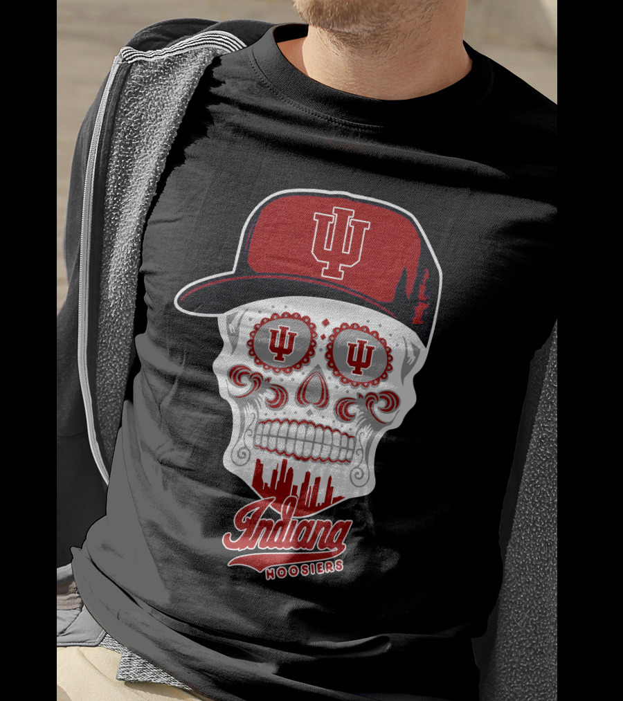 Indiana Hoosiers Skull With Hat And Skyline T-Shirt