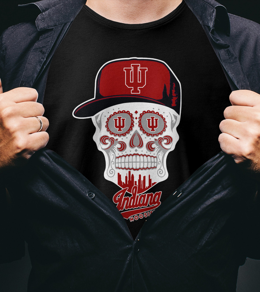 Indiana Hoosiers Skull With Hat And Skyline T-Shirt