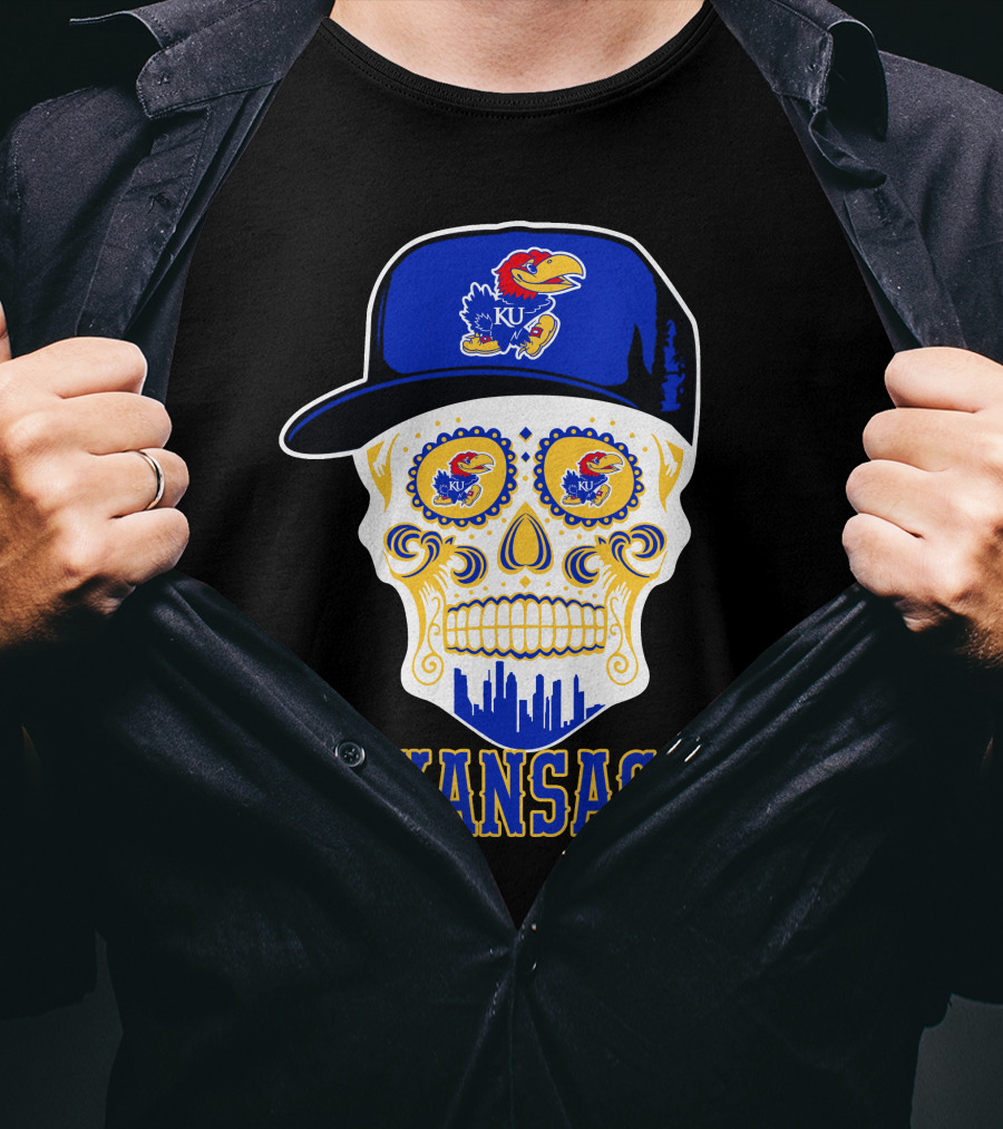 Kansas Jayhawks Skull Hat Ku T-Shirt