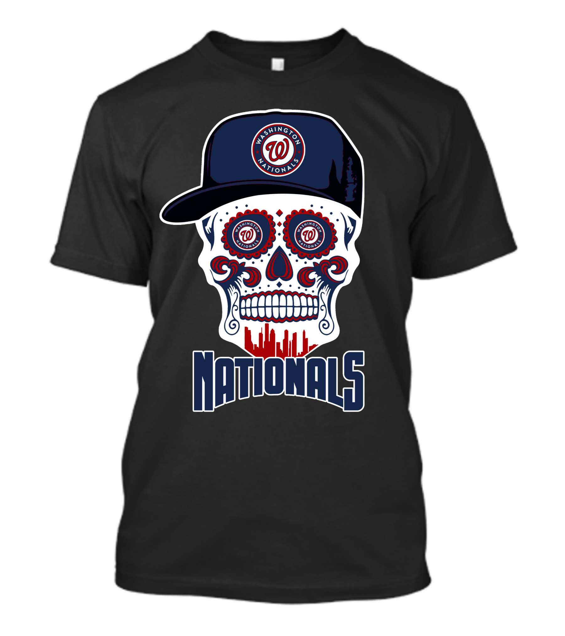 Washington Nationals Skull With Baseball Cap And City Silhouette T-Shirt
