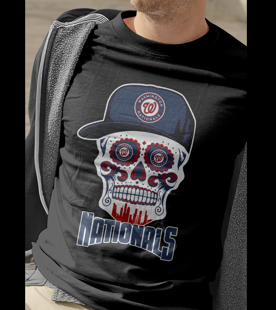 Washington Nationals Skull With Baseball Cap And City Silhouette T-Shirt