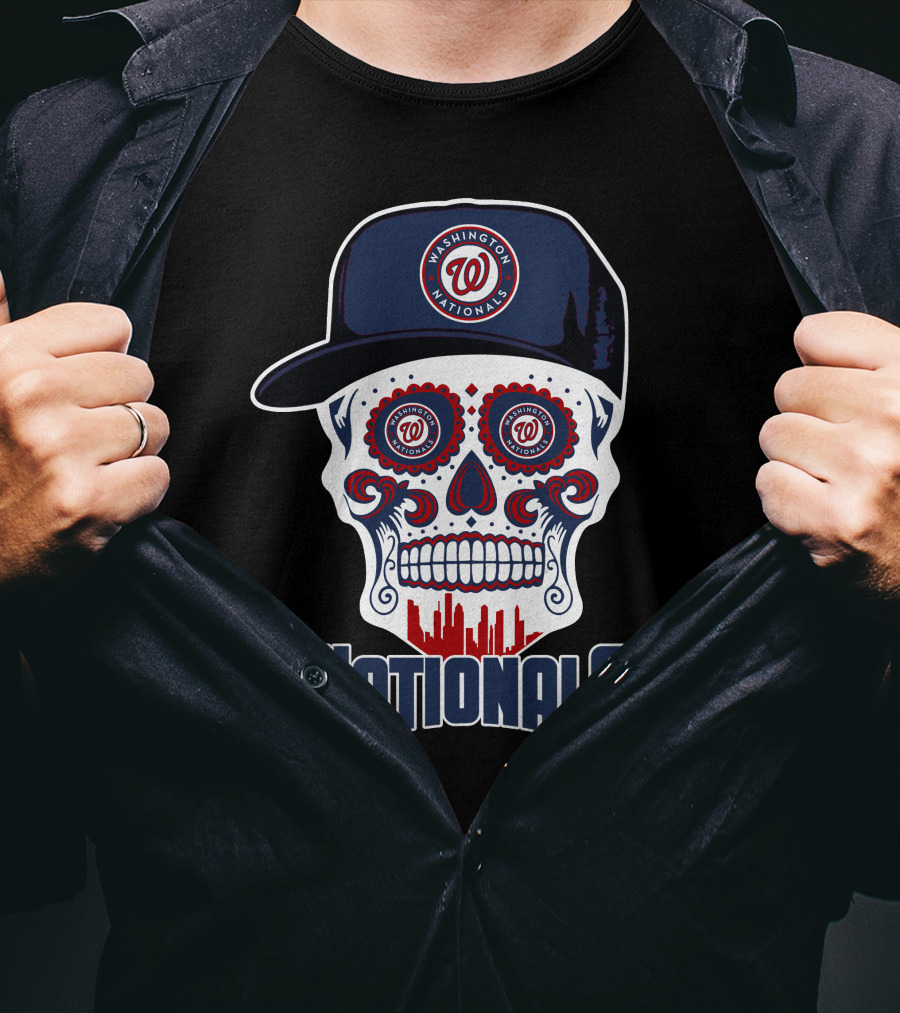 Washington Nationals Skull With Baseball Cap And City Silhouette T-Shirt