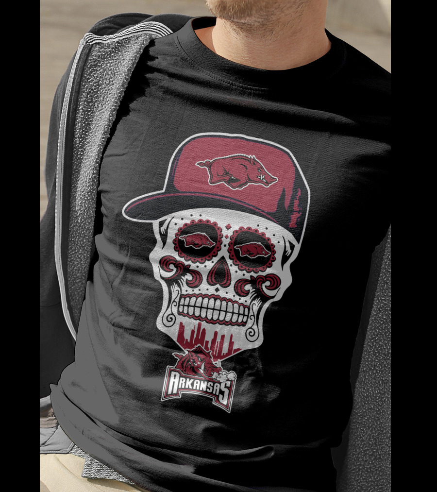 Arkansas Razorbacks Sugar Skull With Hat And Hog Logos T-Shirt