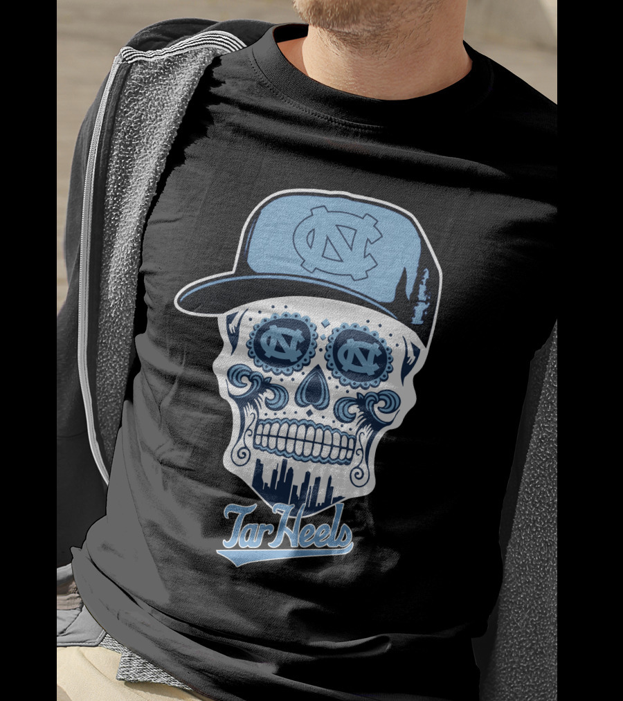 North Carolina Tar Heels Sugar Skull With Hat And Cityscape T-Shirt