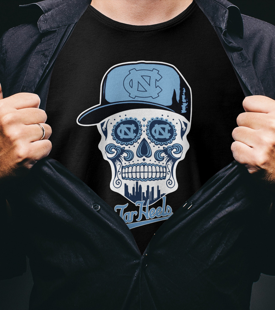 North Carolina Tar Heels Sugar Skull With Hat And Cityscape T-Shirt