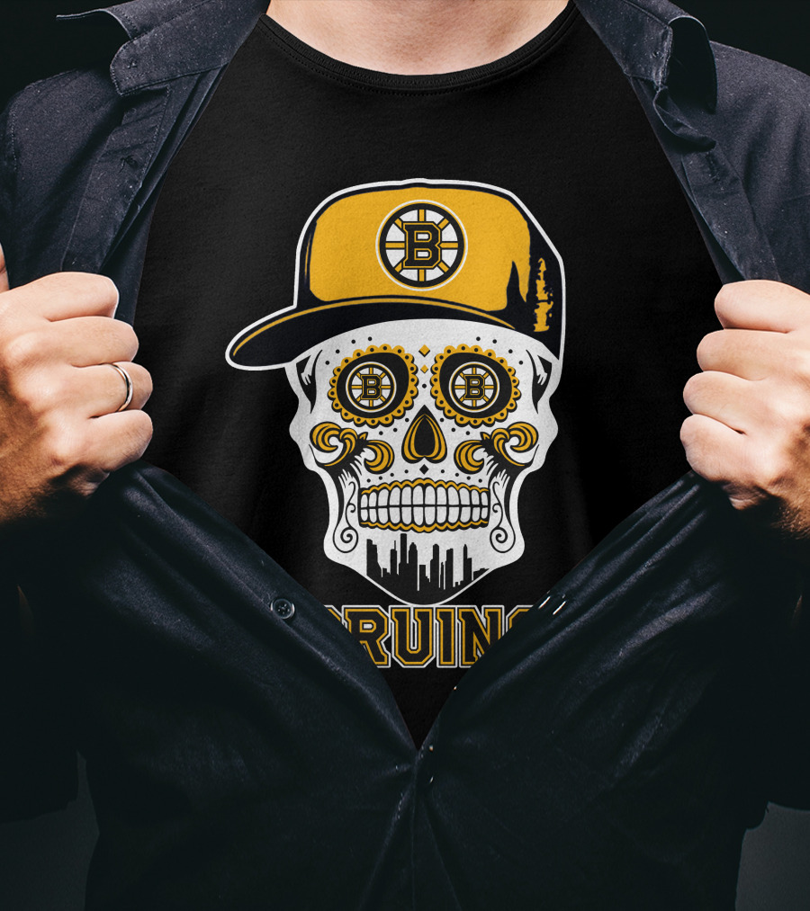 Boston Bruins Skull Iconic Hockey Hat T-Shirt