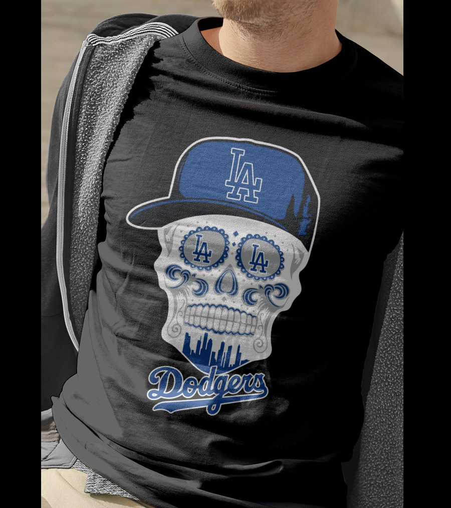 Los Angeles Dodgers Skull La Hat Blue City Skyline T-Shirt