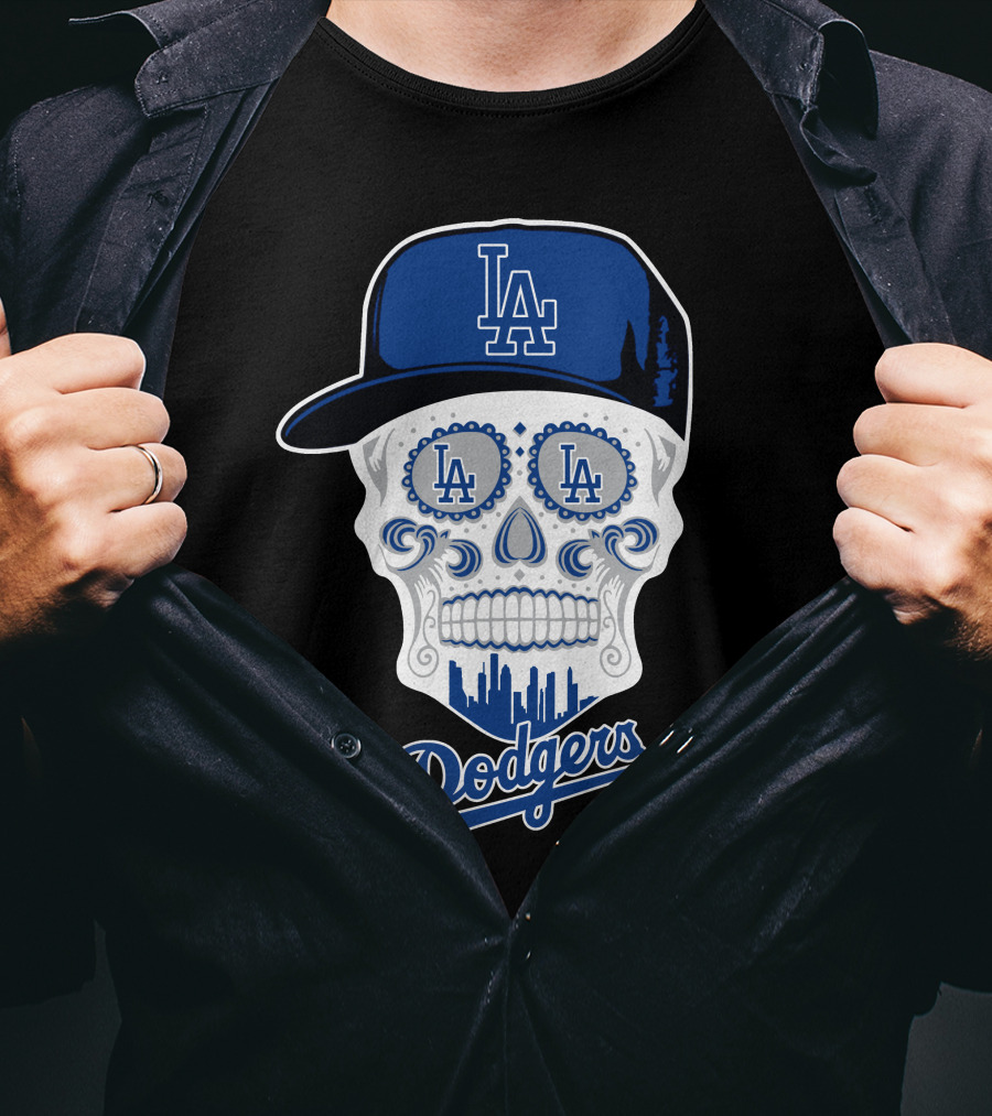 Los Angeles Dodgers Skull La Hat Blue City Skyline T-Shirt