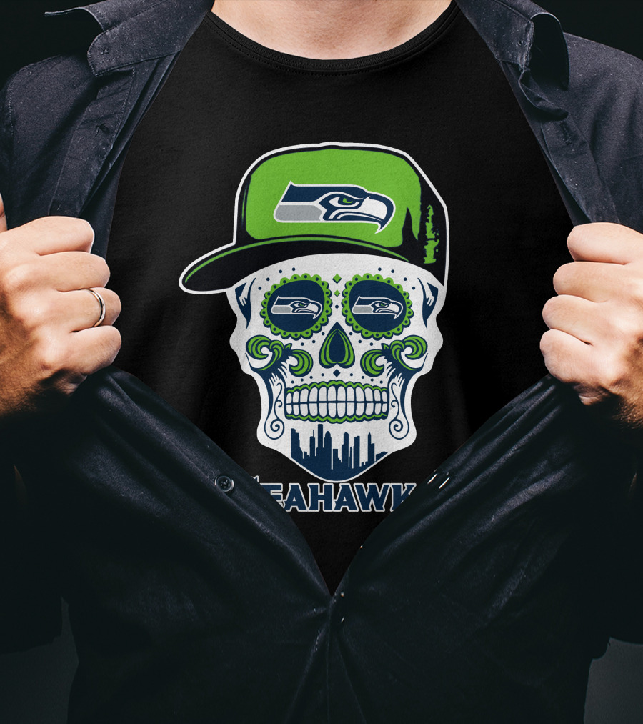 Seattle Seahawks Skull With Hat T-Shirt