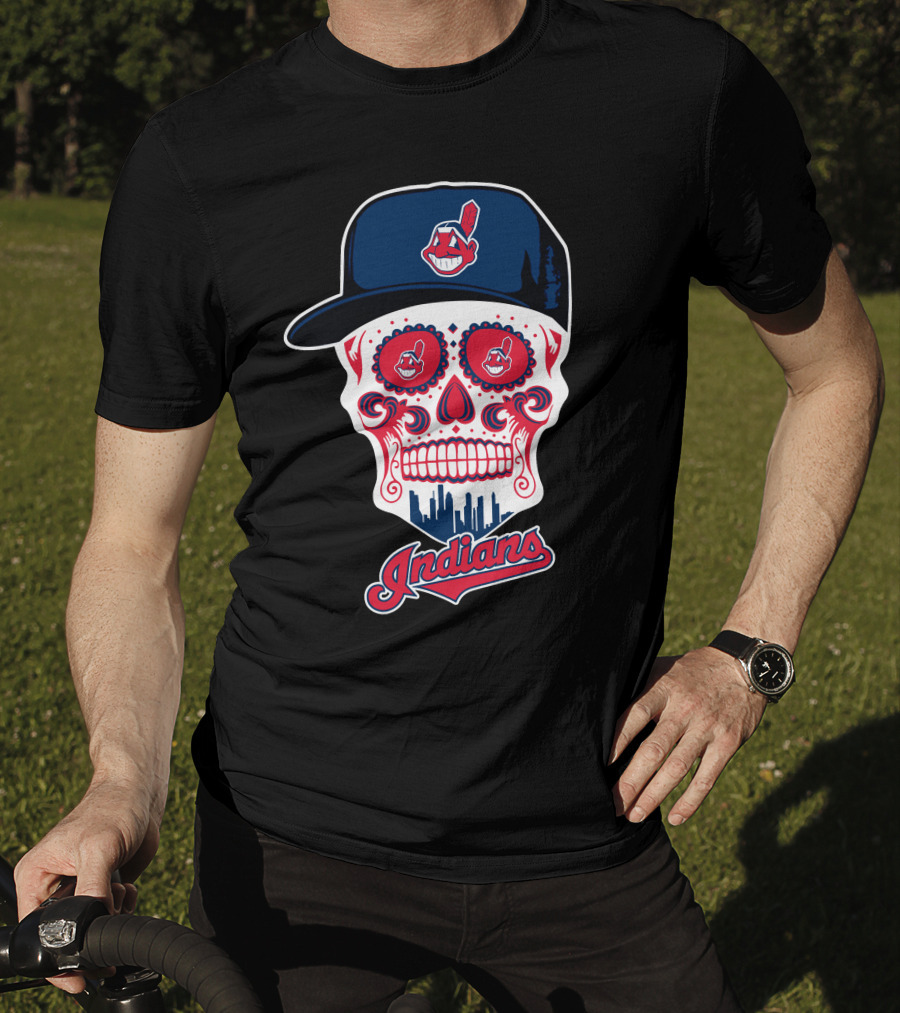 Cleveland Indians Sugar Skull With Baseball Cap And Skyline T-Shirt