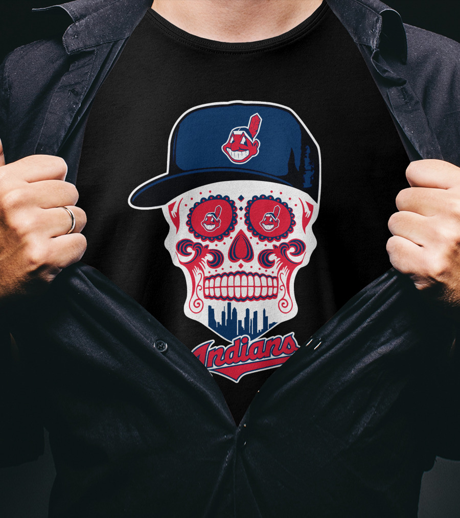Cleveland Indians Sugar Skull With Baseball Cap And Skyline T-Shirt