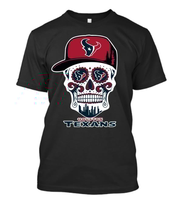 Houston Texans Skull With Cap And City Skyline T-Shirt