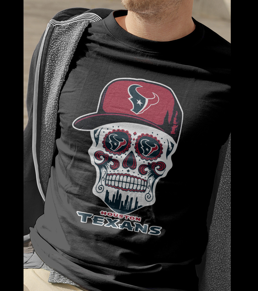 Houston Texans Skull With Cap And City Skyline T-Shirt