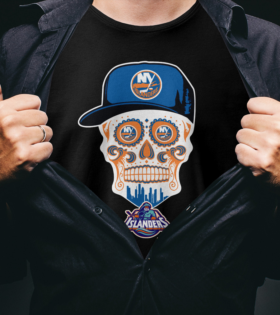 Ny Islanders Skull Logo With Cap And Cityscape T-Shirt