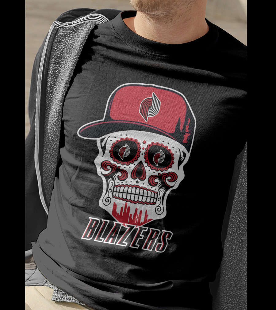 Blazers Skull With Hat And Cityscape Elements T-Shirt