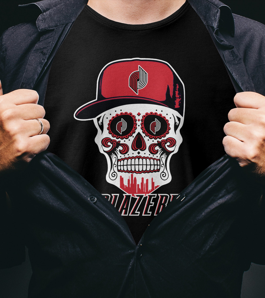 Blazers Skull With Hat And Cityscape Elements T-Shirt