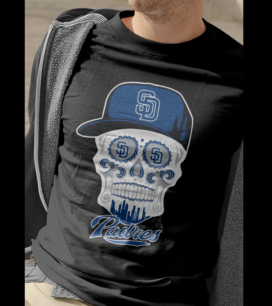 San Diego Padres Skull Design With Sd Cap And Cityscape Elements T-Shirt