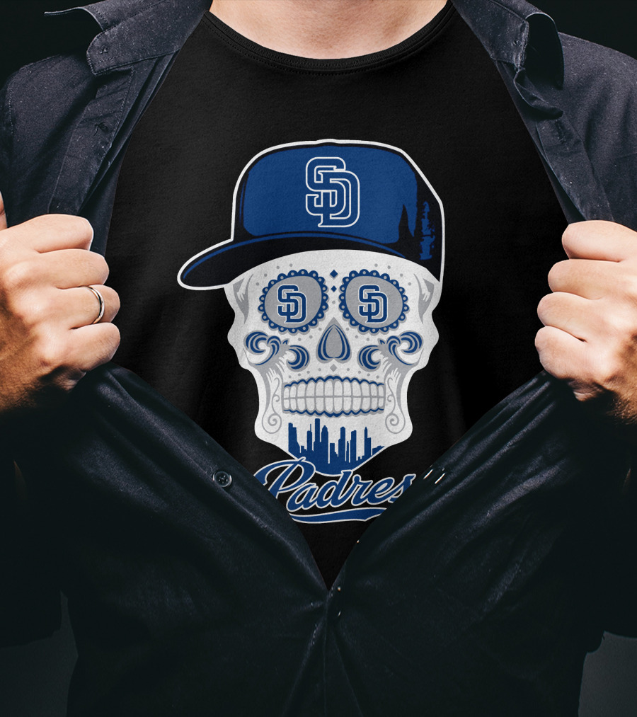 San Diego Padres Skull Design With Sd Cap And Cityscape Elements T-Shirt