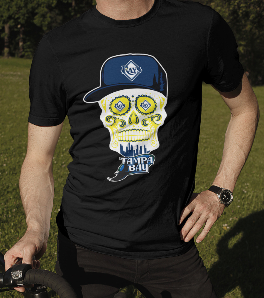 Tampa Bay Rays Skull With Hat And City Skyline T-Shirt