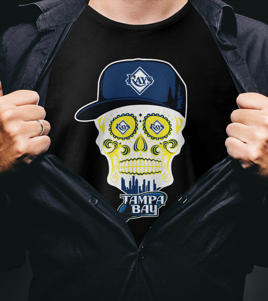 Tampa Bay Rays Skull With Hat And City Skyline T-Shirt