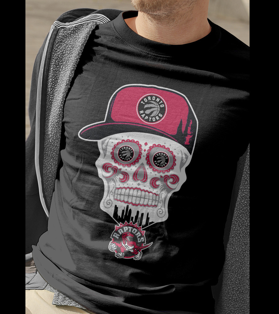 Toronto Raptors Logo Skull With Hat And Skyline T-Shirt
