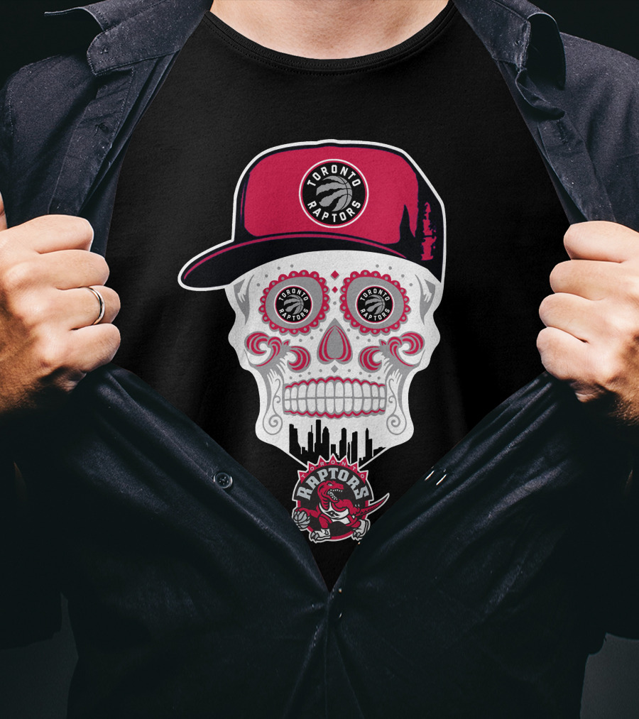 Toronto Raptors Logo Skull With Hat And Skyline T-Shirt