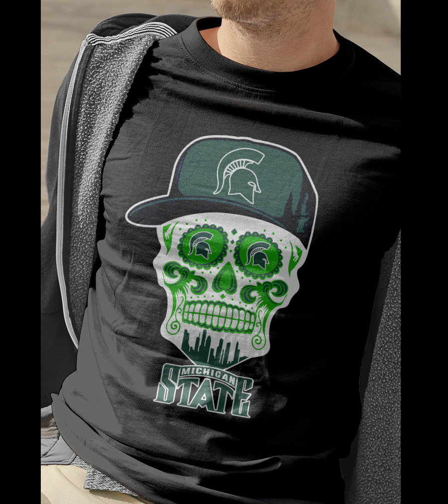 Michigan State Spartans Skull With Hat And Cityscape T-Shirt